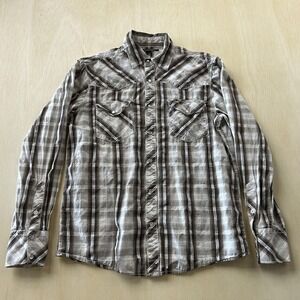 Y2K Carbon Black Shirt Mens Medium Brown Plaid Long Sleeve Western Pearl Snap